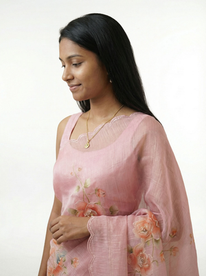 Organza Pink Floral Embroidered Saree