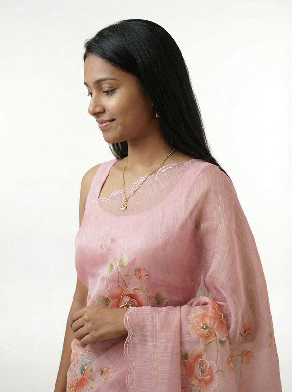 Organza Pink Floral Embroidered Saree