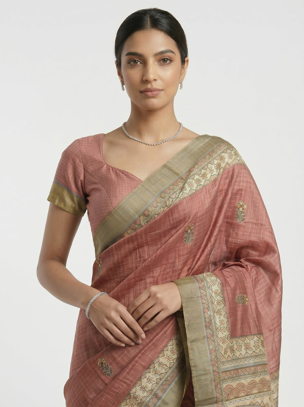 Semi Jute Dusty Rose Checked Printed Saree