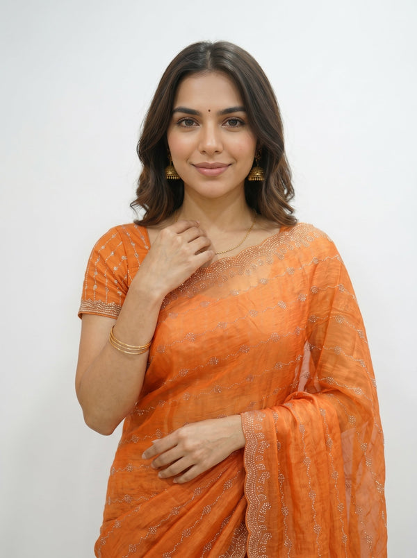 Organza Rust Orange Wave Pattern Stone Work  Designer Saree