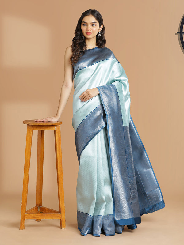 Pale Blue Color Silver Woven Designed Art Silk Saree With Peacock Blue Border