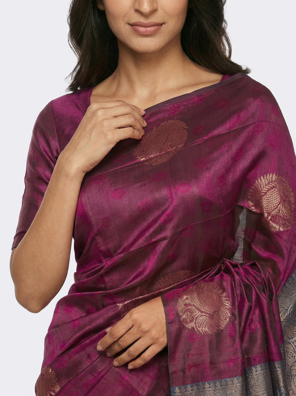 Semi Silk Wine Colour Saree with Banarasi Contrast Weave