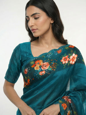 Cotton Teal Blue Saree with Elegant Floral Motifs and Printed Border