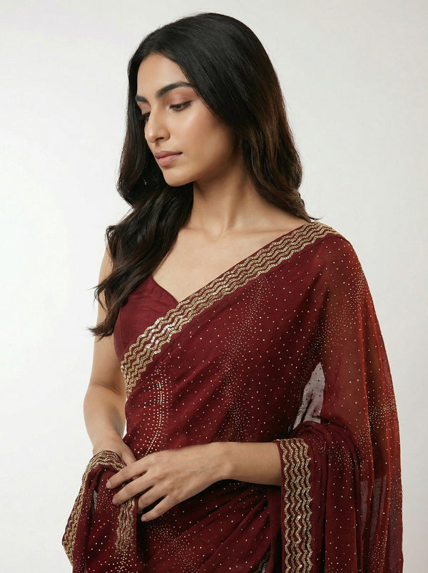 Vijithra Silk Rich Maroon Stone Work Party Wear Designer Saree