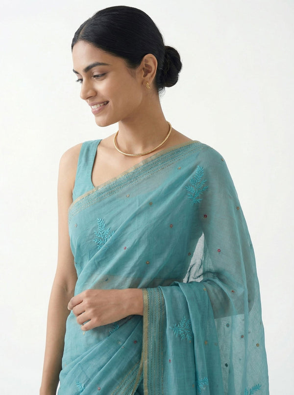 Chanderi Cotton Sky Blue Embroidered Floral Pattern Saree