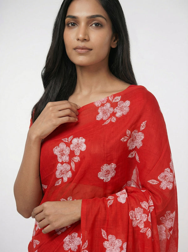 Chiffon Elegant Red  Saree with Sparkle Block Print