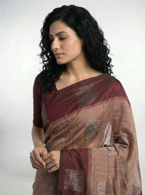 Semi Silk Peach & Maroon Zari Butta Saree with Contrast Border