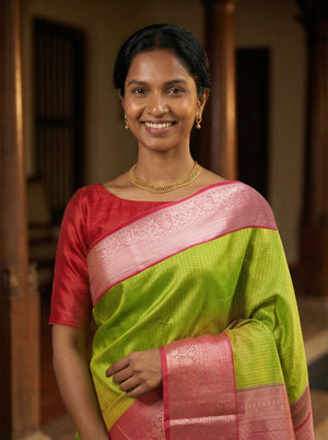 Kanjivaram Pure Silk Parrot Green and Pink Traditional Zari Saree