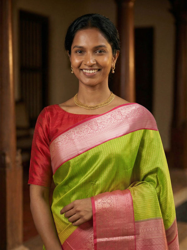 Kanjivaram Pure Silk Parrot Green and Pink Traditional Zari Saree