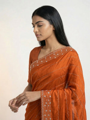 Vijithra Silk Rust Orange Stone Work Pattern Designer Saree