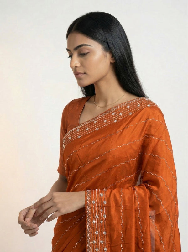 Vijithra Silk Rust Orange Stone Work Pattern Designer Saree