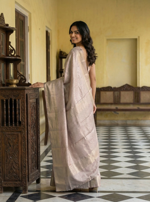 Kanjivaram Pure silk Silver Metalic Lavender Self Design Brocade Saree