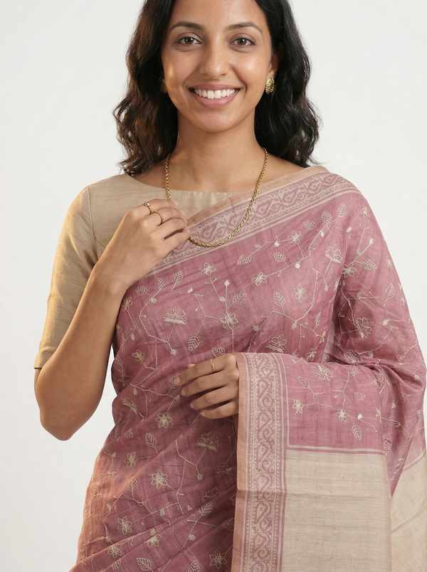 Chanderi Cotton Pink Embroidered Festive Wear Saree