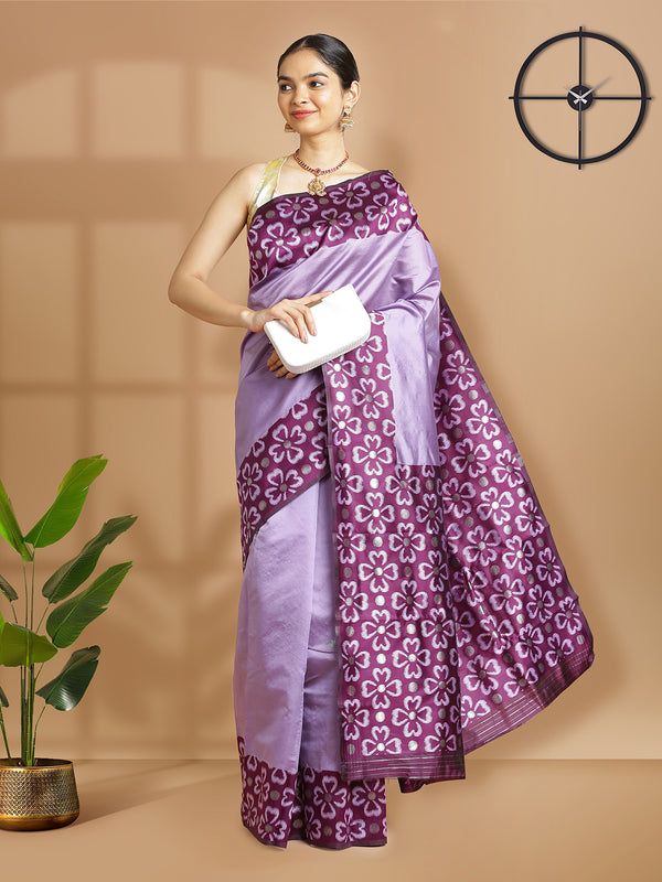 Lavener Color Art Silk Plain Saree With Purple Floral Printed Border And Pallu