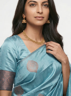 Semi Silk Women’s Pastel Sea Blue Saree with Self Paisley Motifs