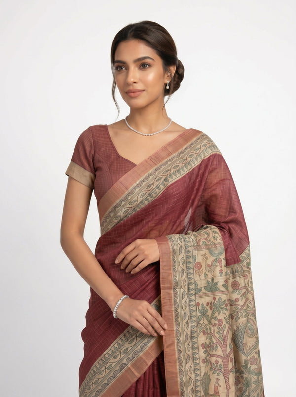 Semi Jute Brick Red Checked Weave Saree
