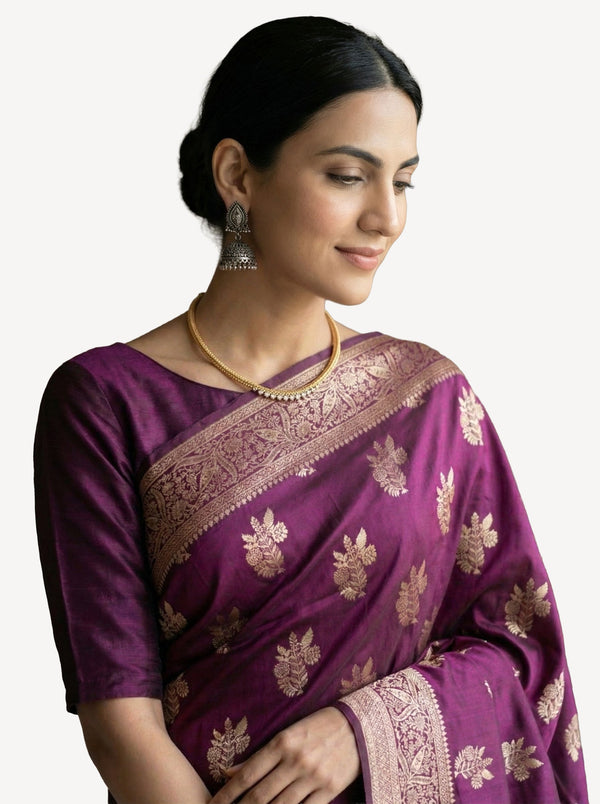 Art Silk Deep Purple Zari Woven Saree with Floral Butta