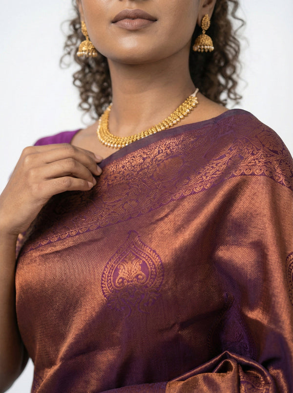 Semi Silk Women’s Grape Saree with Designer Floral Pattern & Green Blouse