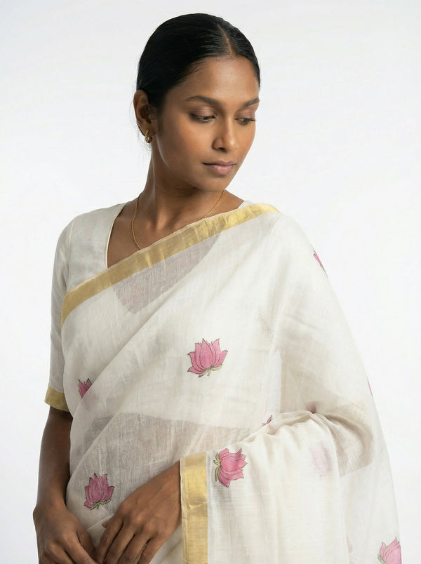 Cotton Off White Saree with Minimal Lotus Motifs and Designer Pallu