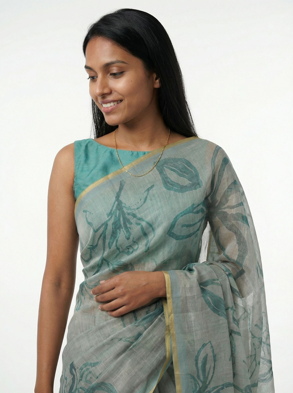Chanderi Cotton Mist Grey Floral Saree