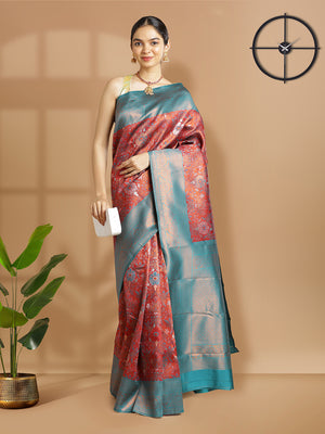 Maroon With Copper Tissue Saree With Floral Design And Peacock Green Border