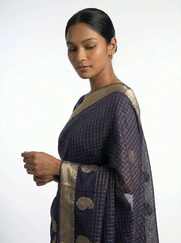 Cotton Purple Saree with Gold Checkered Weave and Zari Border