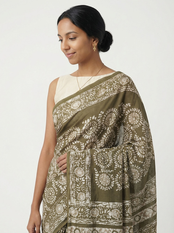 Chanderi Cotton Olive Green Floral Printed Saree