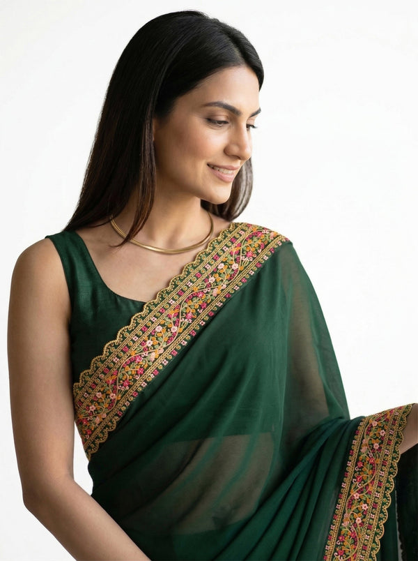 Georgette Bottle Green Embroidered Border Designer Saree