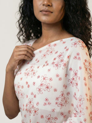Chiffon Premium White Saree with Red Hand Block Floral Design