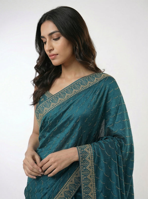 Vijithra Silk Peacock Blue Wave Design Stone Work Designer Saree