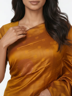 Semi Silk Mustard Yellow Saree with Peacock Blue Self Floral Motif Blouse