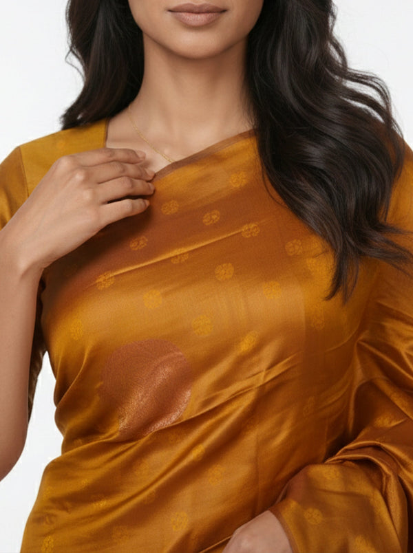 Semi Silk Mustard Yellow Saree with Peacock Blue Self Floral Motif Blouse