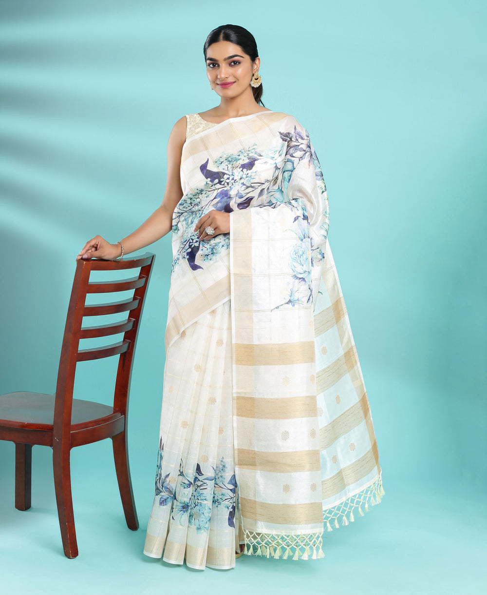 Jute Silk Blue Floral Print Cream Color Saree