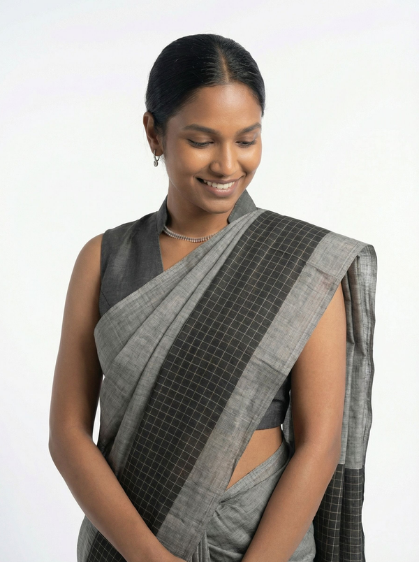 Cotton Ash Grey Saree With Black Checked Border