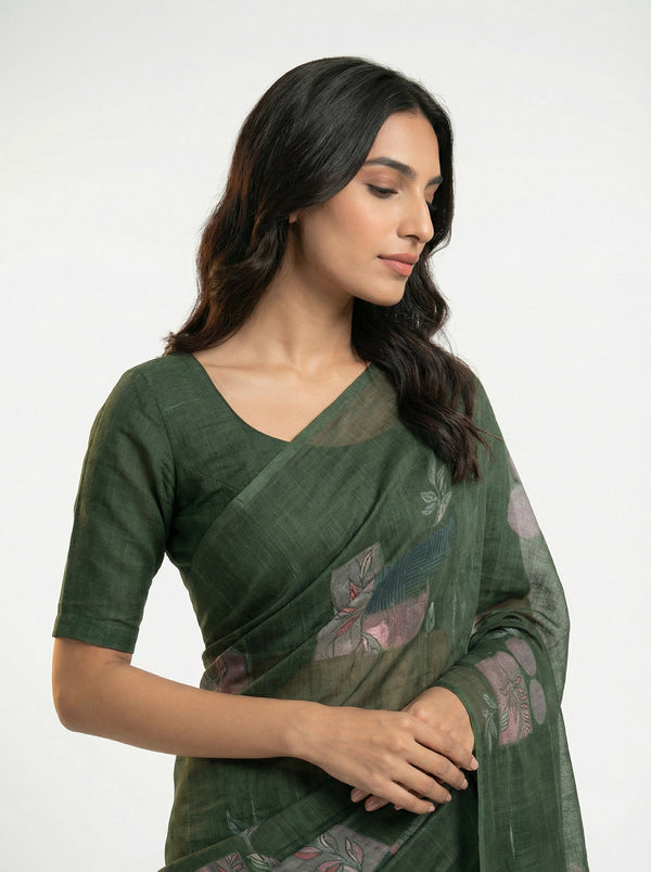 Cotton Dark Green Printed Saree with Abstract Floral Design