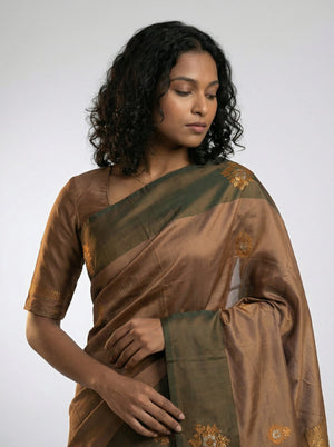 Art Silk Brown Butta Design Saree with Contrast Olive Border