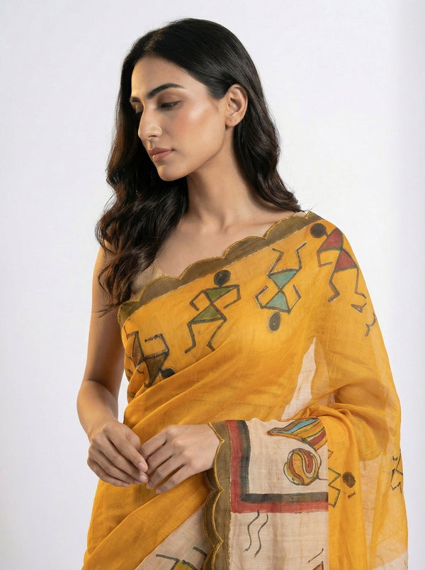 Cotton Mustard Yellow Saree with Artistic Tribal Print