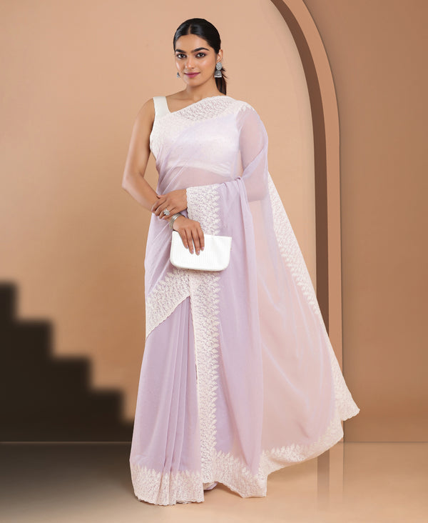 Georgette Lavender Color White Embroidery Border  Saree