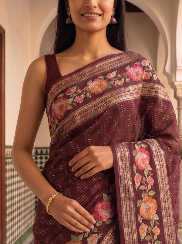 Semi Tussar Deep Wine Floral Embroidery Border Saree