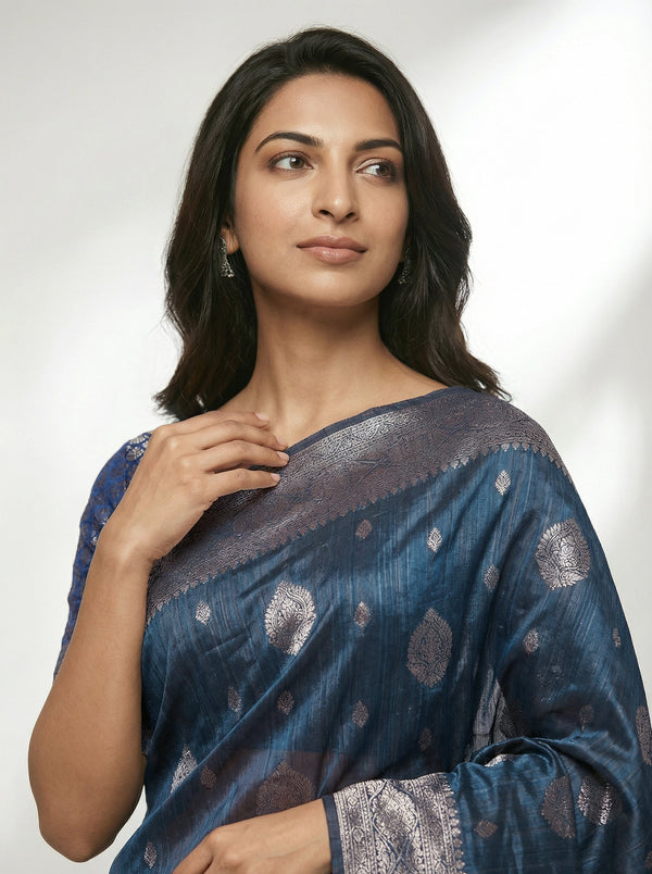 Semi Silk Traditional Peacock Blue Saree with Banarasi Border & Buttas