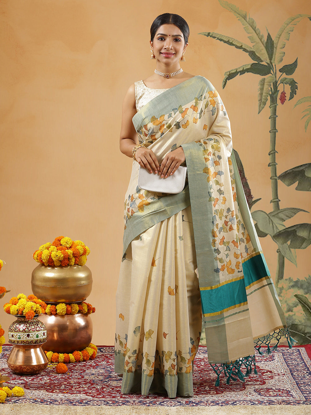 Golden Tissue Teal Blue Border Set Saree With Multi Color Thread Paint Flower Print All Over Body