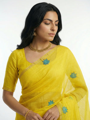 Cotton Yellow Printed Saree with Floral Motifs and Contrast Pallu