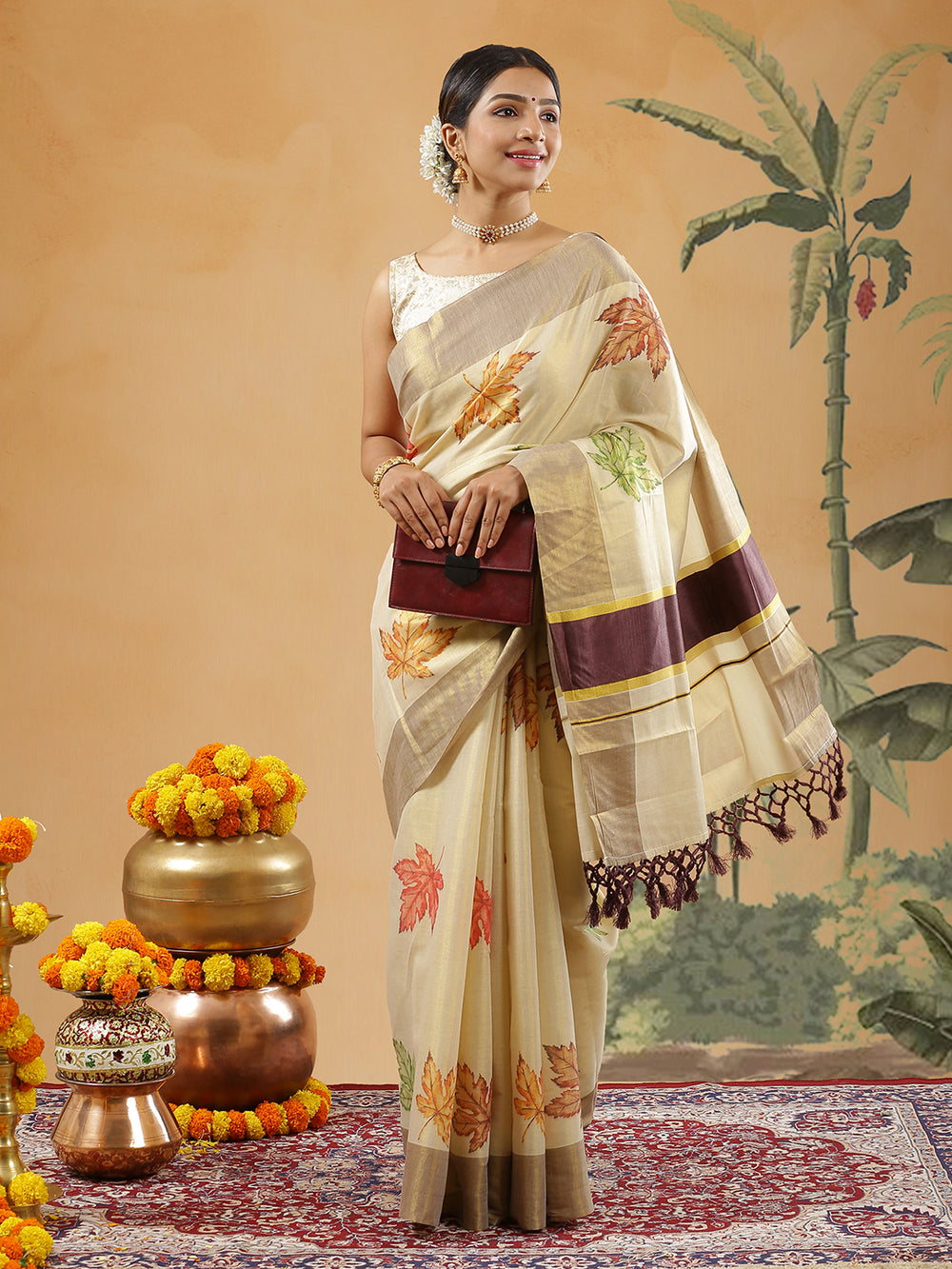 Golden Tissue Brown Border Set Saree With Maple Leaf Print All Over Body