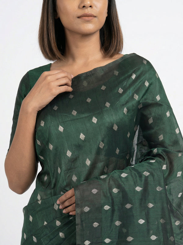 Semi Silk Designer Bottle Green Saree with Small Butta Work Blouse Piece