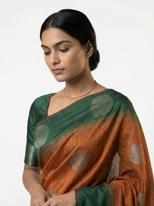 Art Silk Rust Brown & Green Zari Butta Saree with Contrast Border