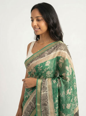 Chanderi Cotton Green And Beige Floral Printed Saree