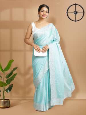 Teal Green Crushed Chiffon Saree With Mini Silver Stones On Body