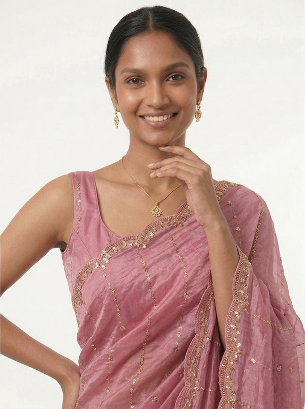 Organza Rose Pink Sequence Pattern  Striped Designer Saree