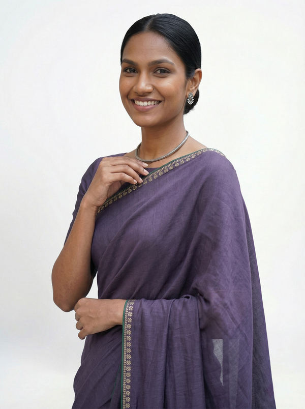 Shimmer Organza Dusty Purple Plain Saree with Minimal Embellished Border