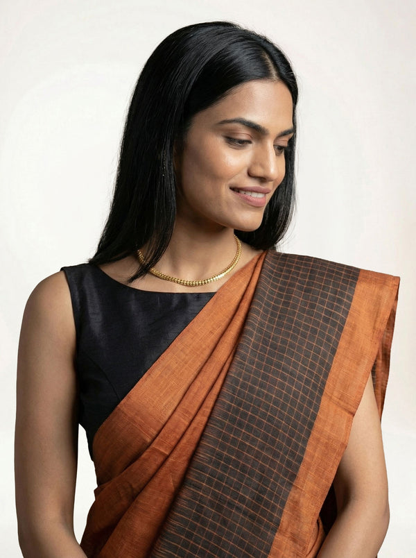 Chanderi Cotton Rust Brown Saree With Black Checked Border
